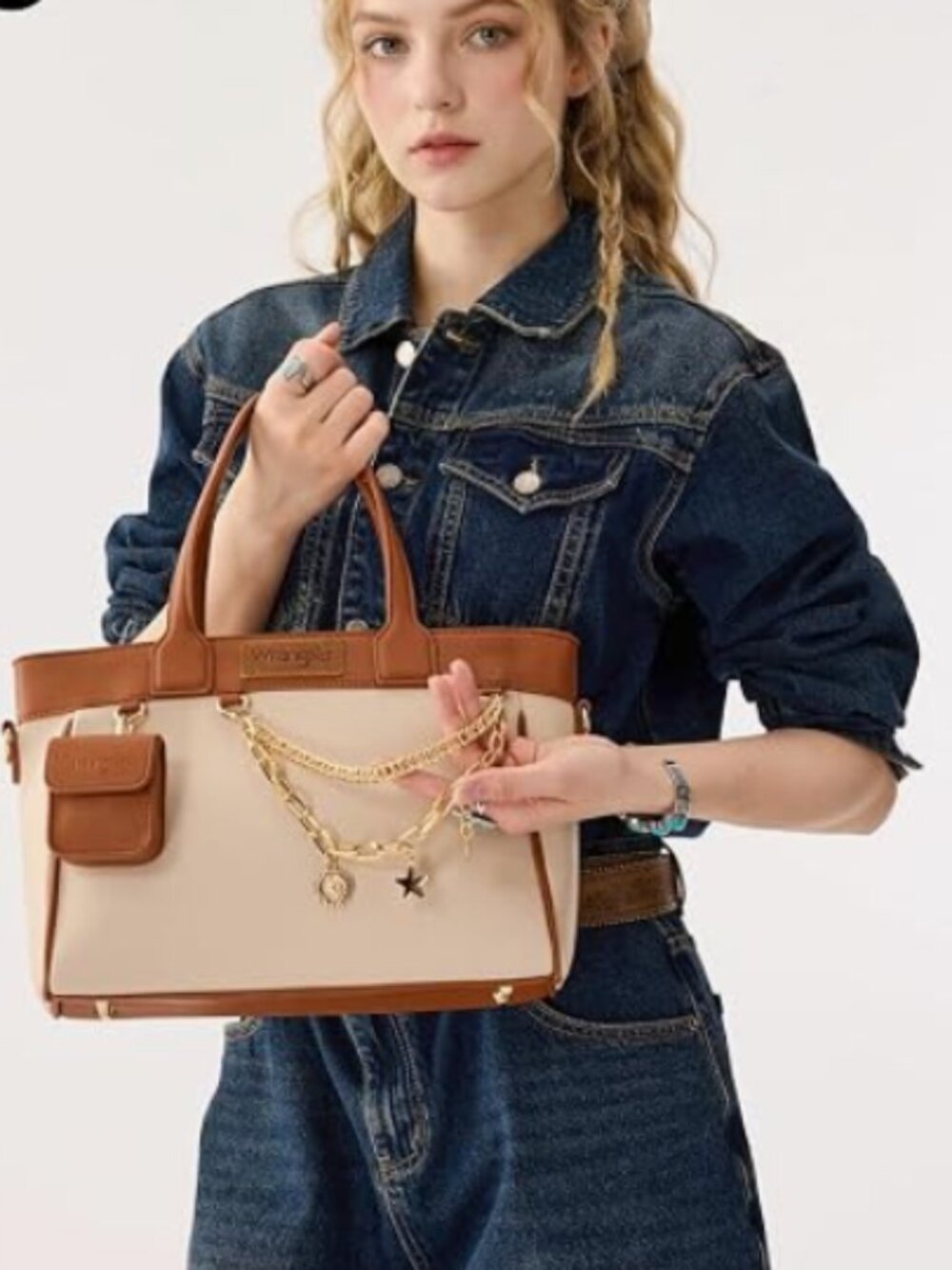 Wrangler Color Block Tote Bag Chain Charm Mini Pouch Brown NWT